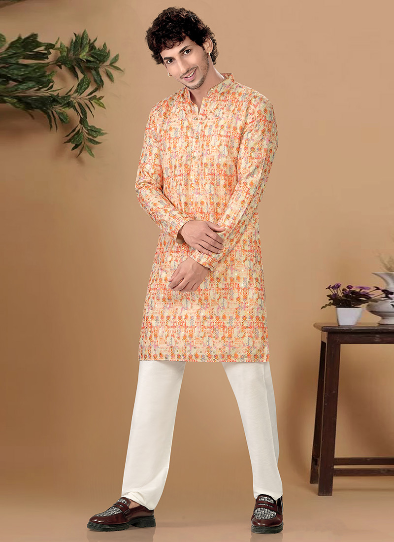 Elegant Cream Soft Cotton Sequins Embroidered Printed Kurta Pyjama Festive Wear