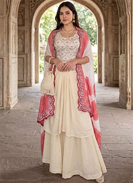 Elegant Cream Soft Crepe Silk Embroidery Sequins IndoWestern Set And Suit