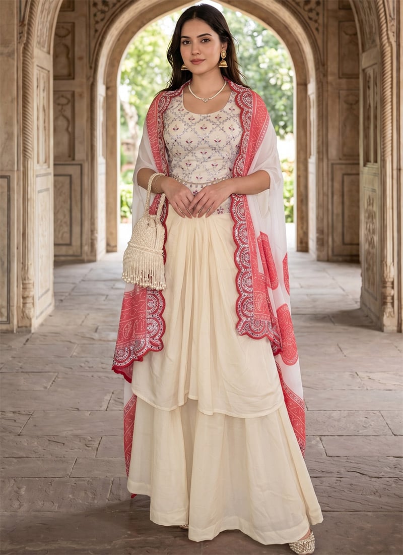Elegant Cream Soft Crepe Silk Embroidery Sequins IndoWestern Set And Suit After Six Wear