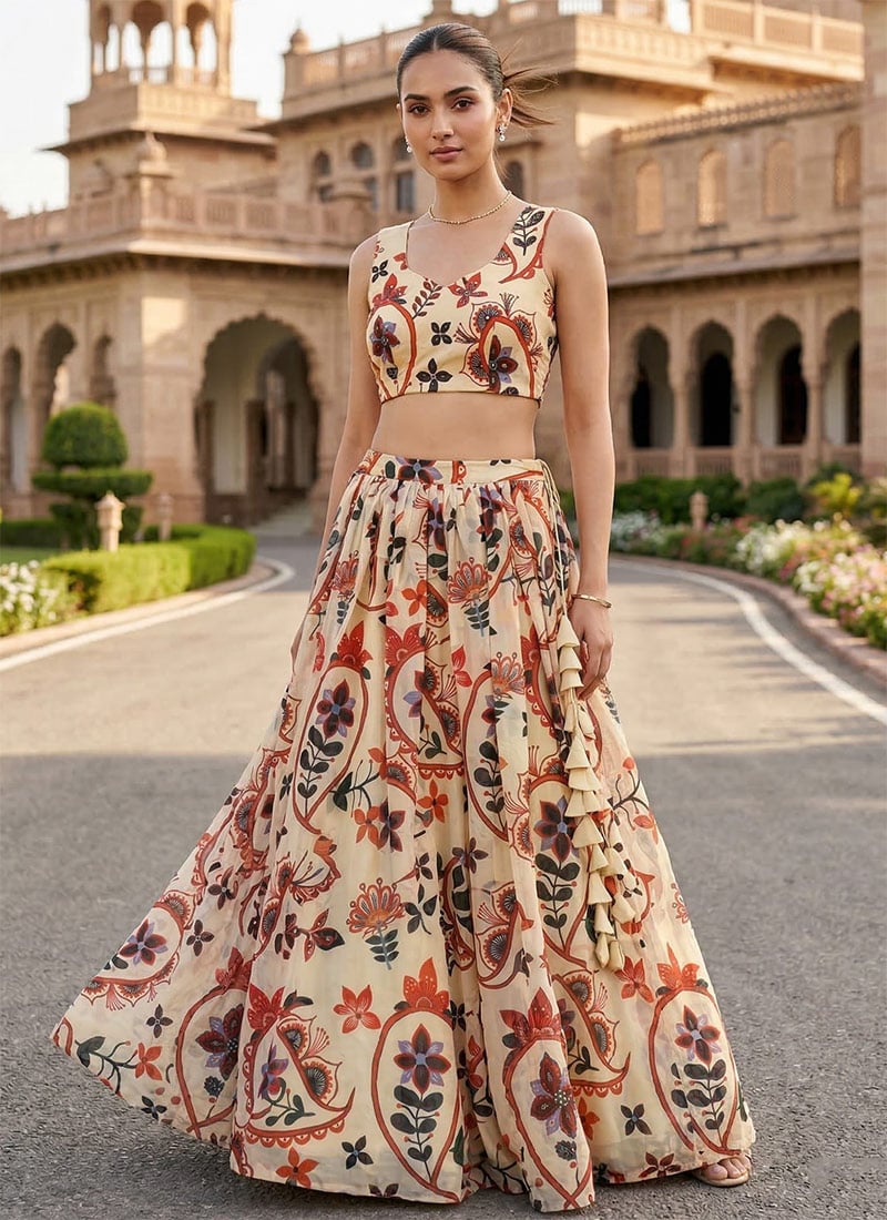 Elegant Cream Soft Organza Beads Floral Print A Line Lehenga Festive Wear