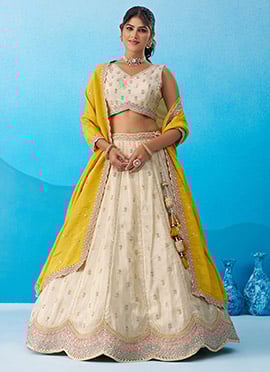 Elegant Cream Tissue Embroidered Sequins Beads Work Lehenga