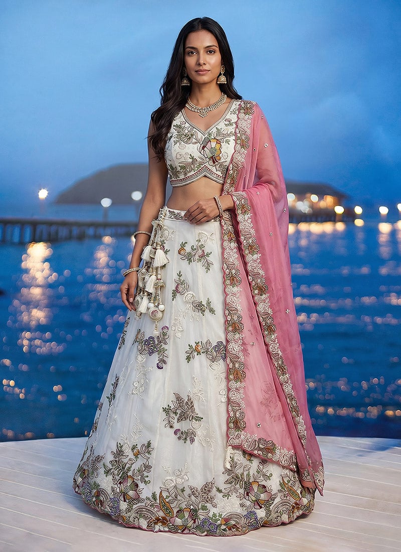 Elegant Cream Tissue Embroidered Umbrella Lehenga Wedding Wear