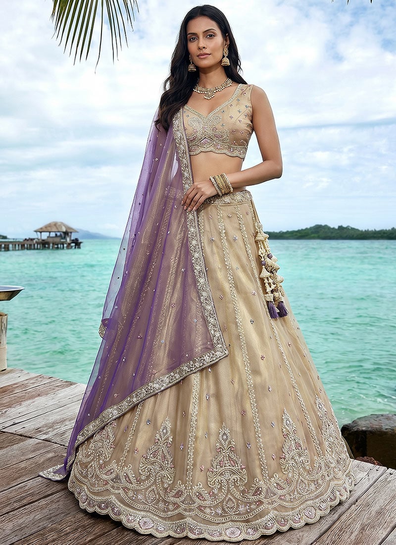 Elegant Cream Tissue Embroidered Umbrella Lehenga Wedding Wear