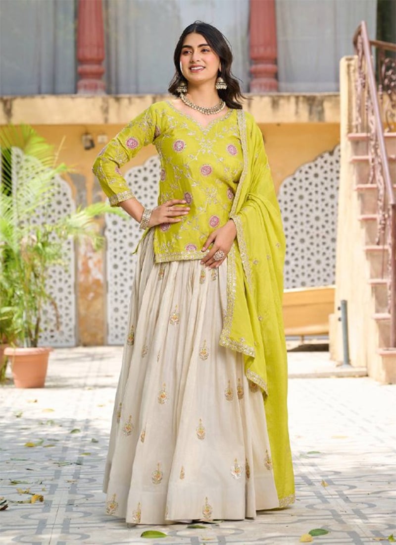 Elegant Cream Tissue Silk Embroidered Sequins Long Choli Lehenga