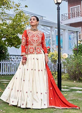 Elegant Cream Tissue Silk Embroidered Sequins Zari Thread A Line Lehenga