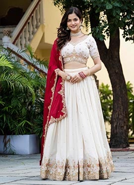 Elegant Cream Vichitra Silk Embroidered Sequins Umbrella Lehenga