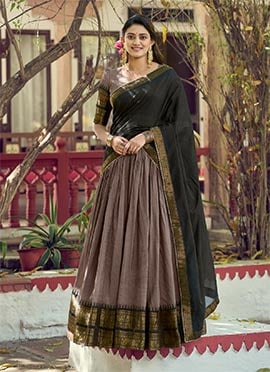 Elegant Dark Brown Blended Cotton Zari Umbrella Lehenga