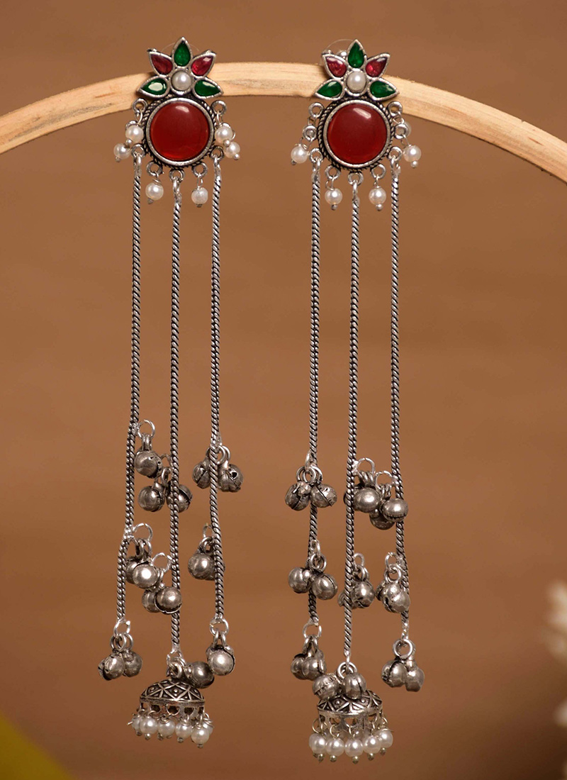 Elegant Dark Green Floral Ghungroo Chain Dangler Earrings Festive Wear