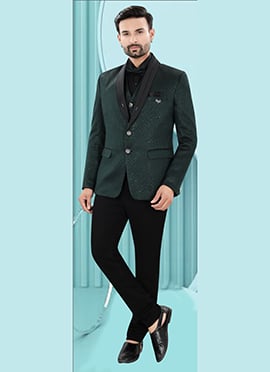 Elegant Dark Green Jacquard Embroidered Sequins Bandhgala Suit