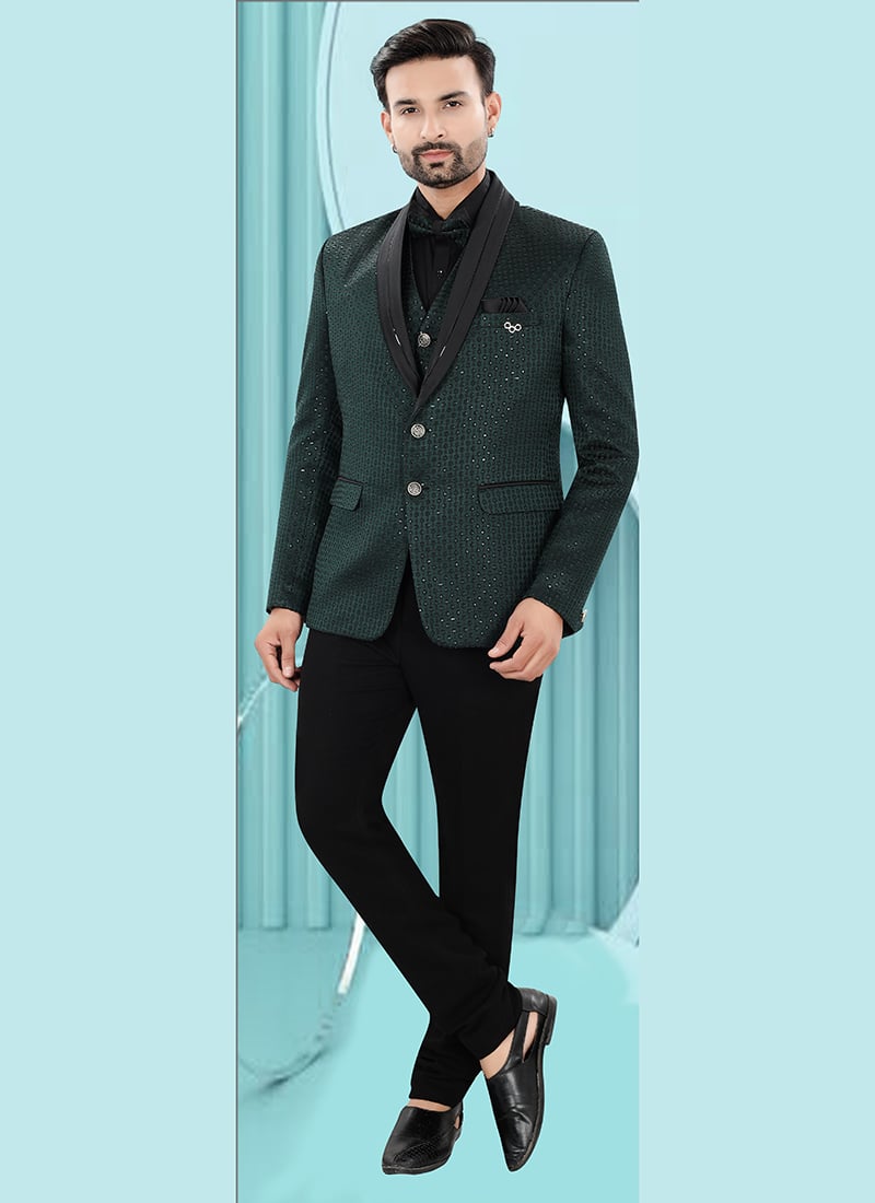 Elegant Dark Green Jacquard Embroidered Sequins Bandhgala Suit Wedding Wear