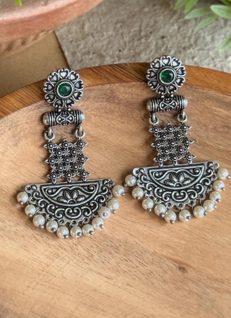 Elegant Dark Green Kundan Oxidised Chandeliers Festive Wear