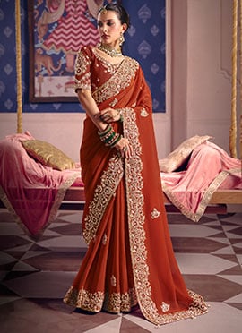 Elegant Dark Orange Viscose Tissue Silk Zari Sequins Beads Hand Embroidered Thread Cutdana Saree