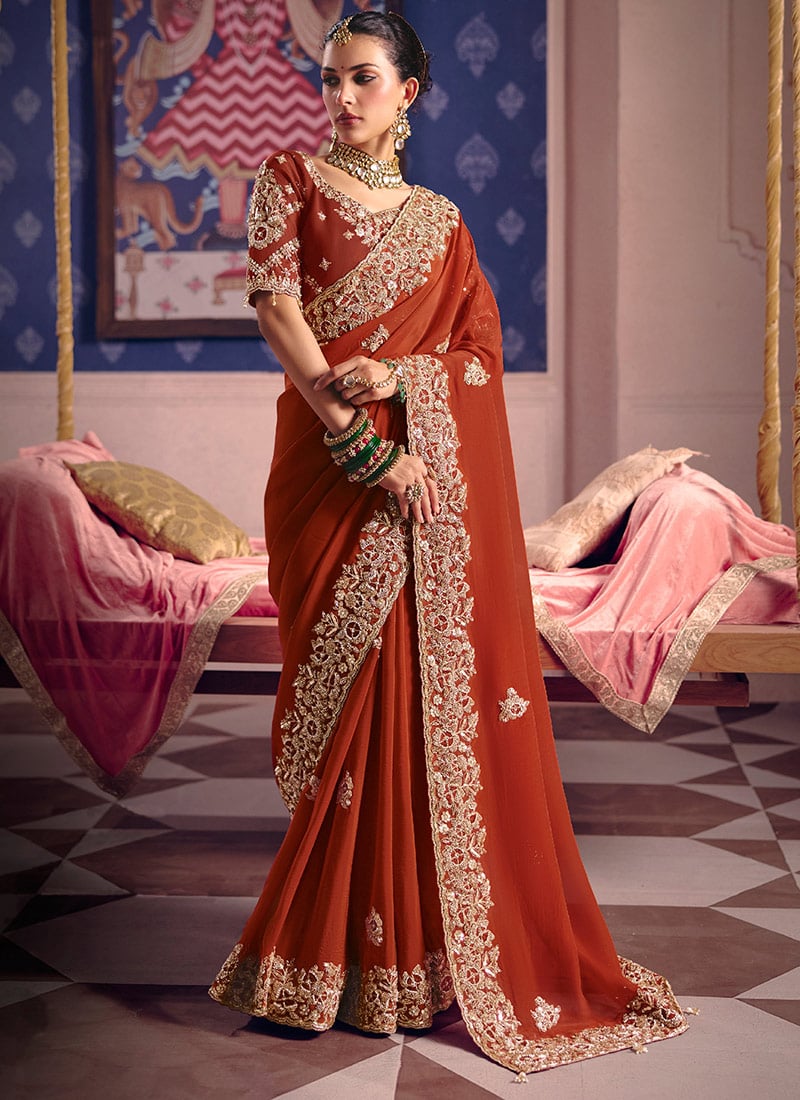 Elegant Dark Orange Viscose Tissue Silk Zari Sequins Beads Hand Embroidered Thread Cutdana Saree Wedding Wear