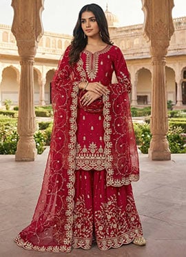 Elegant Dark Pink Organza Silk Embroidered Sharara Suit