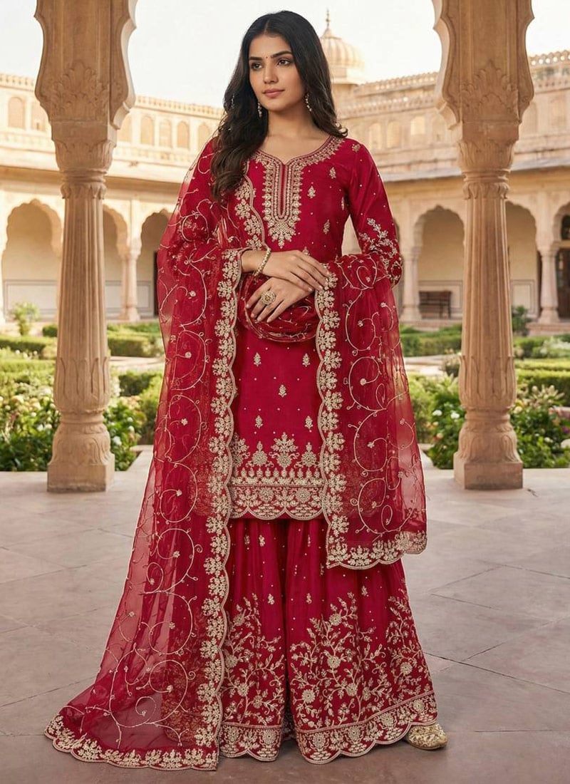 Elegant Dark Pink Organza Silk Embroidered Sharara Suit Festive Wear