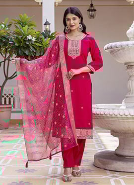 Elegant Dark Pink Viscose Chanderi Embroidered Straight Pant Suit