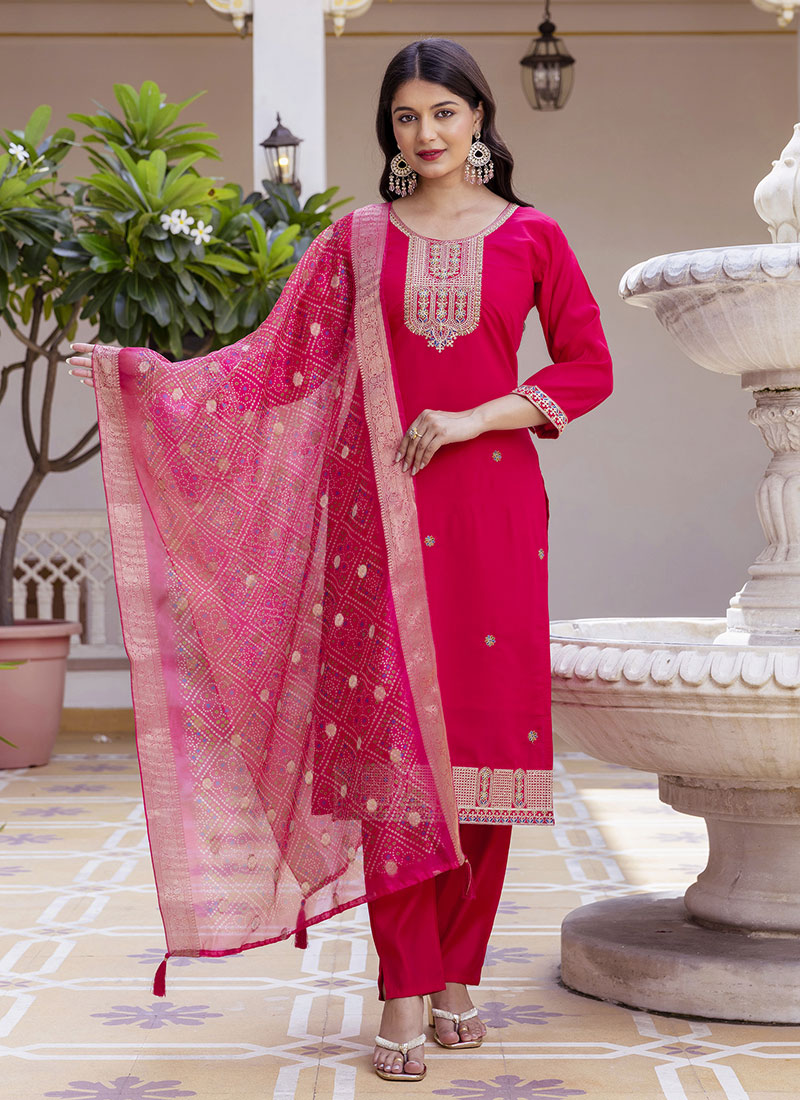 Elegant Dark Pink Viscose Chanderi Embroidered Straight Pant Suit After Six Wear