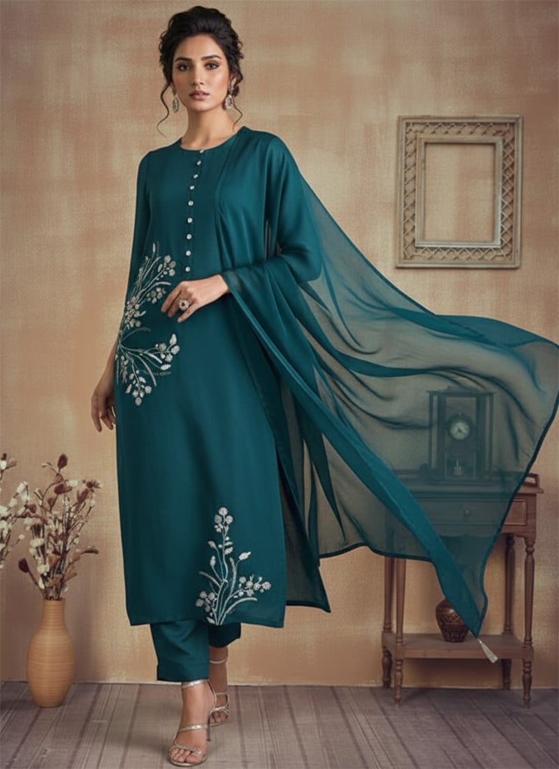 Elegant Dark Teal Silk Sequins Cutdana Hand Embroidered Straight Pant Suit Festive Wear