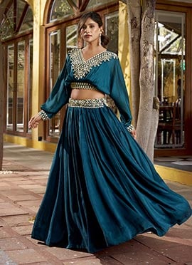 Elegant Dark Teal Vichitra Silk Embroidered Sequins Thread Indowestern Sets