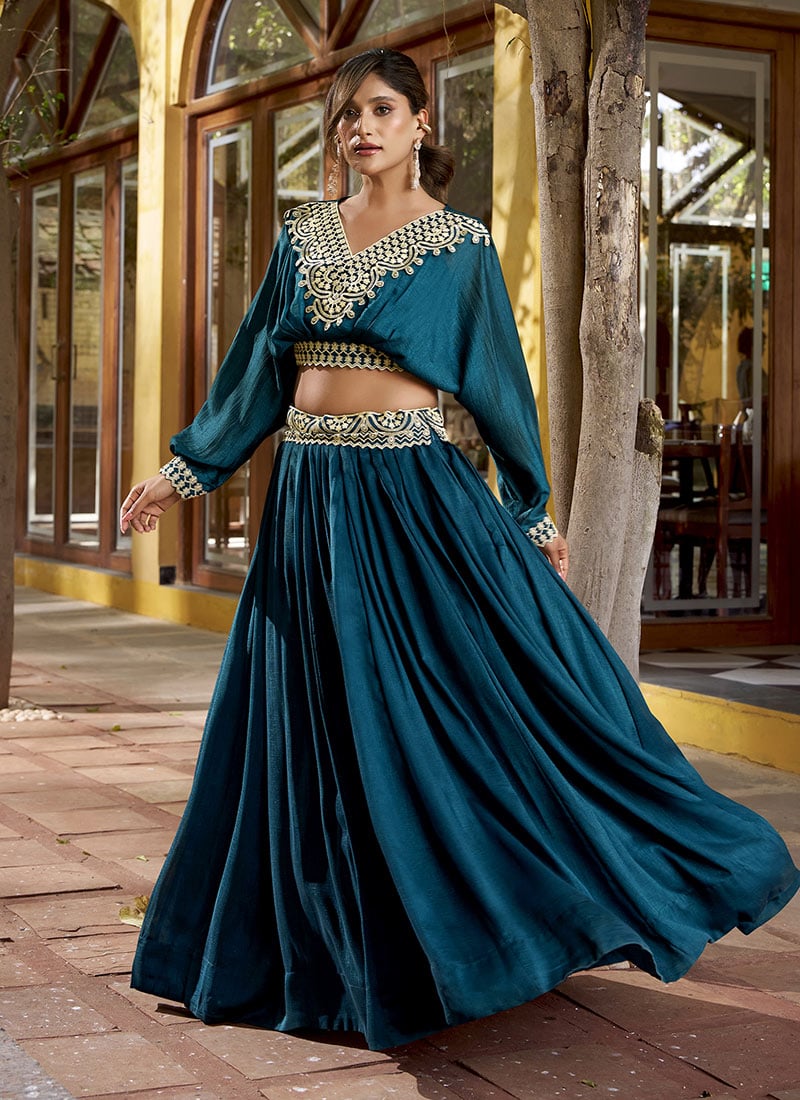Elegant Dark Teal Vichitra Silk Embroidered Sequins Thread Indowestern Sets Wedding Wear