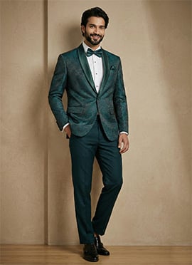 Elegant Emerald Green Satin Jacquard Blazer