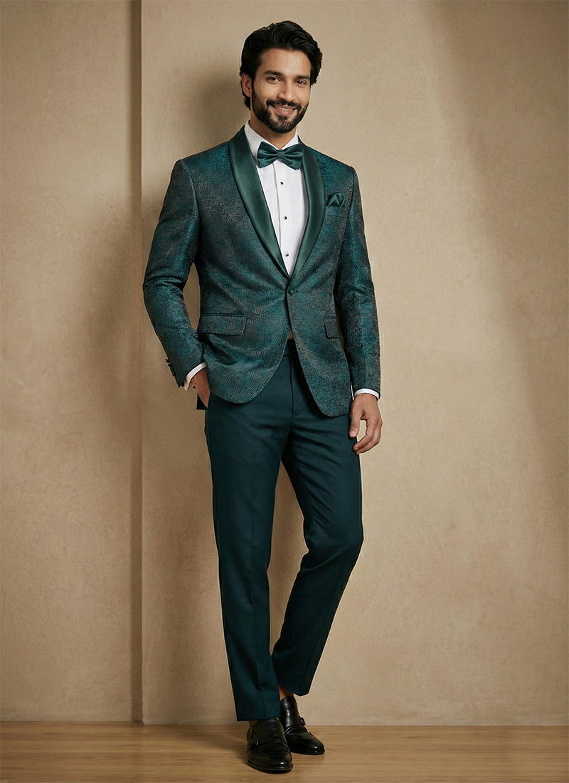 Elegant Emerald Green Satin Jacquard Blazer