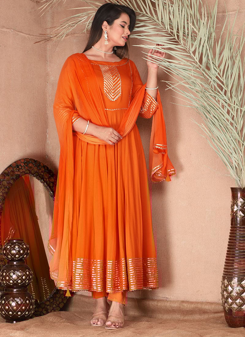 Elegant Evening Attire Orange Rayon Anarkali Suit With Gota Work After Six Wear