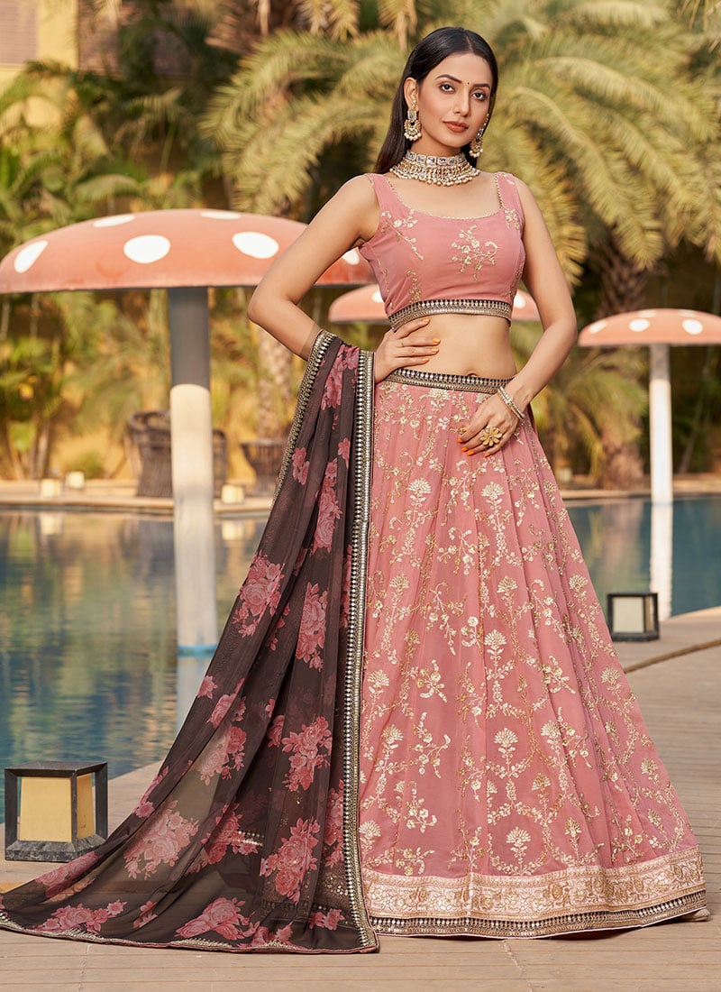 Elegant Georgette Embroidered Zari Umbrella Lehenga Party Wear