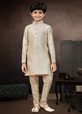 Elegant Fawn Banarasi Silk Jacquard Thread Lace Work Kids Boys Kurta Pyjama