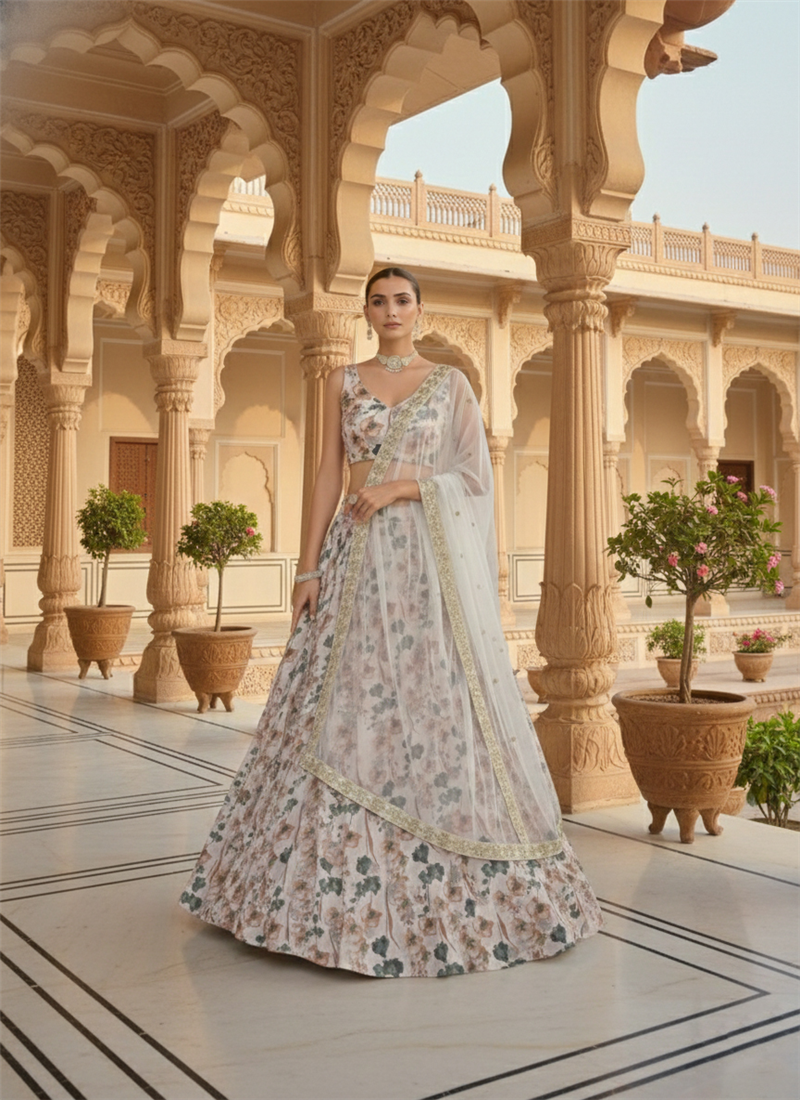 Elegant Floral Georgette Lehenga Set With Soft Net Wedding Wear