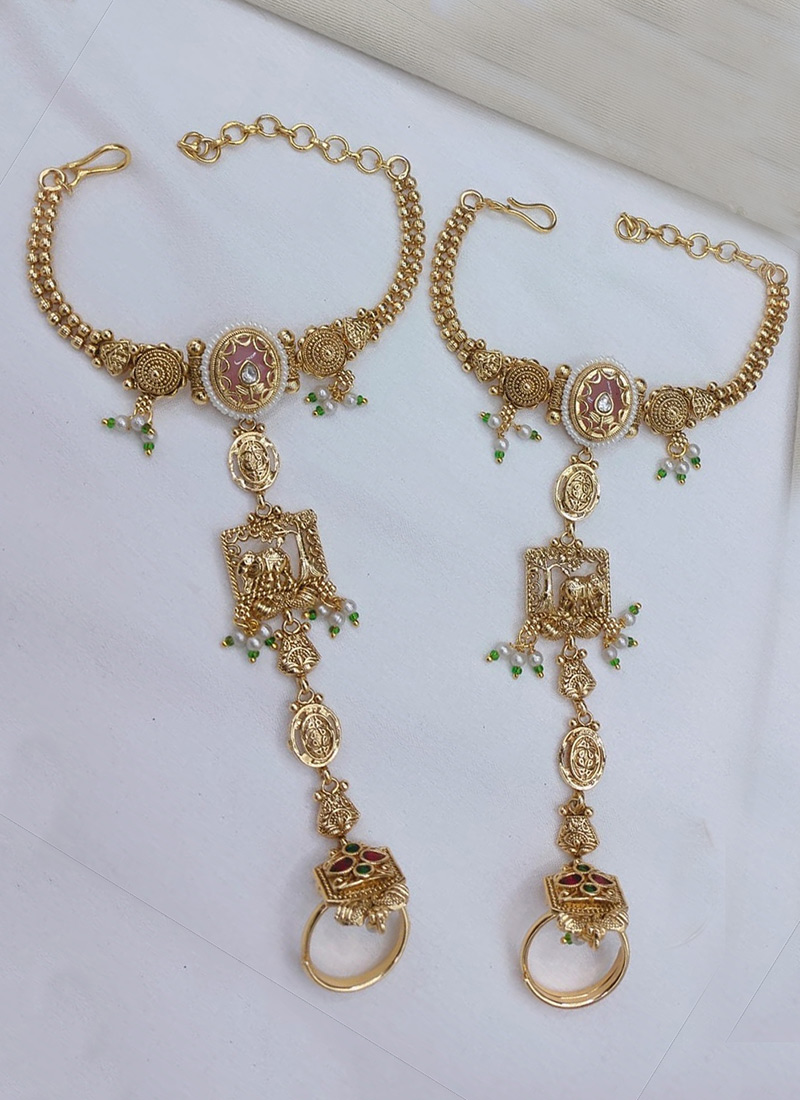 Elegant Gold Copper Beads Kundan Haath Pool Wedding Wear