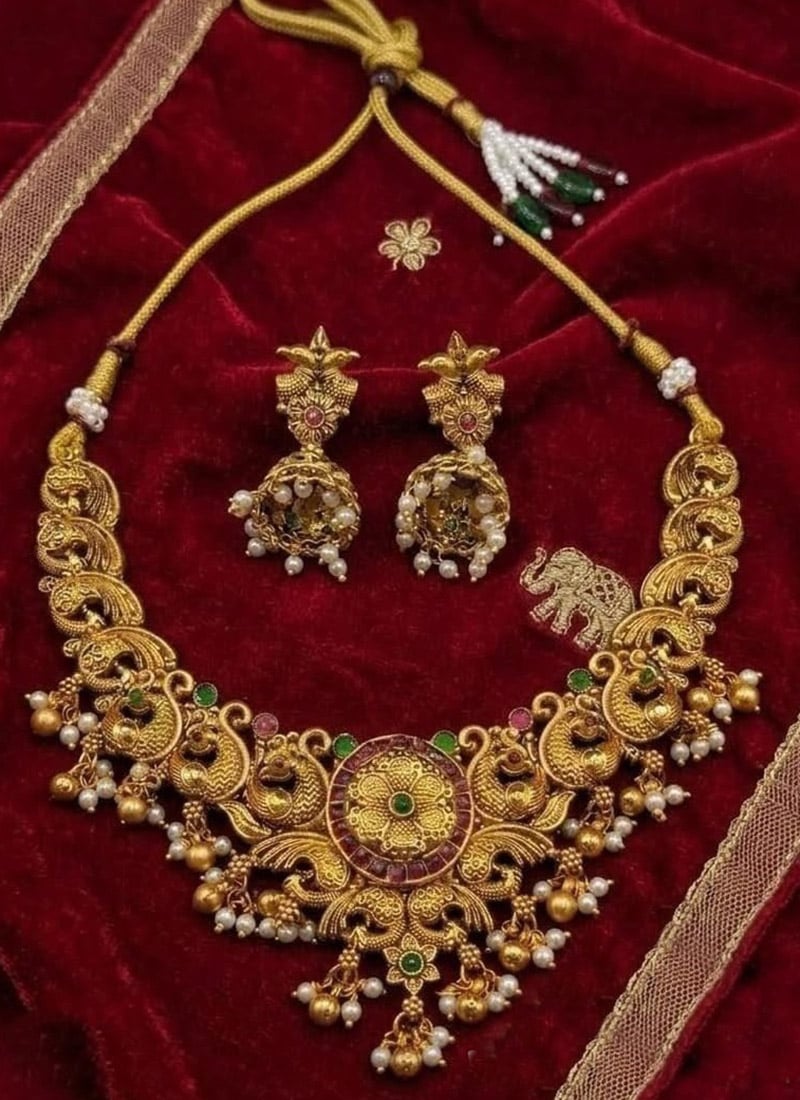 Elegant Gold Copper Kundan Beads Necklace Wedding Wear