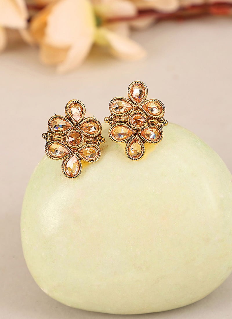 Elegant Gold Cubic Zirconia Stone Studded Gold Plated Floral Shape Studs After Six Wear