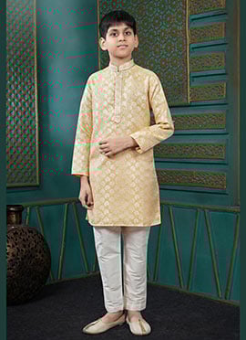 Elegant Gold Jacquard Silk Kids Boys Kurta Pyjama