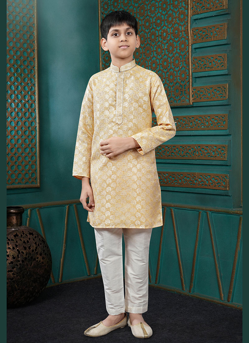Elegant Gold Jacquard Silk Kids Boys Kurta Pyjama Festive Wear