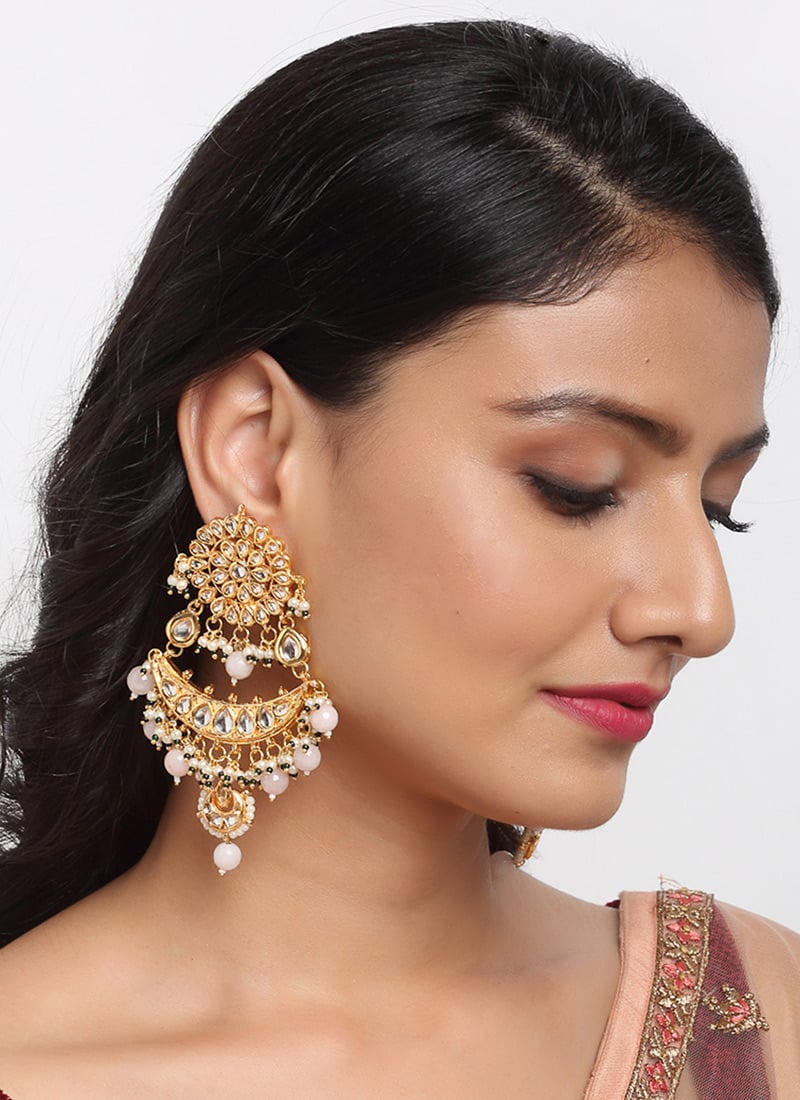 Elegant Gold Plated Kundan White Stone And Beads Chaand Bali Earrings Party Wear