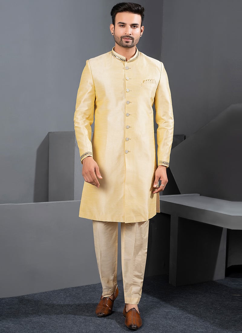 Elegant Gold Silk Mirror Lace Work Indowestern Sherwani Wedding Wear