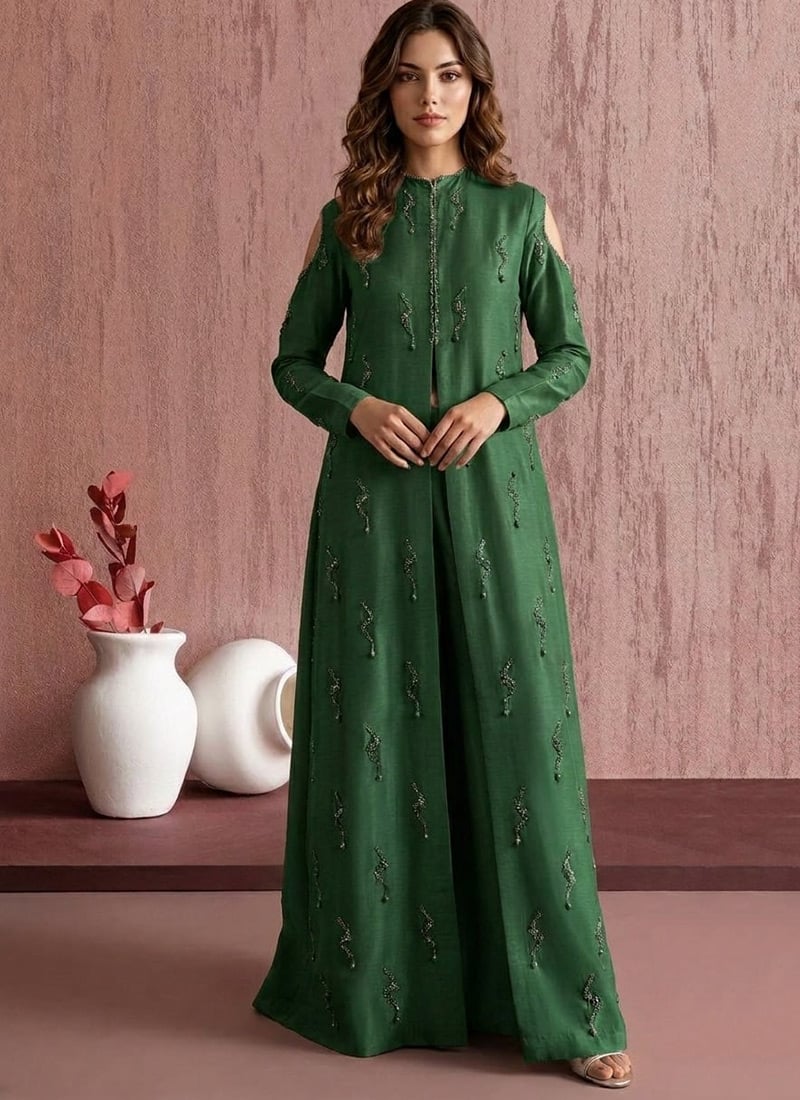 Elegant Green Art Silk Beads Hand Embroidered Anarkali Suit After Six Wear