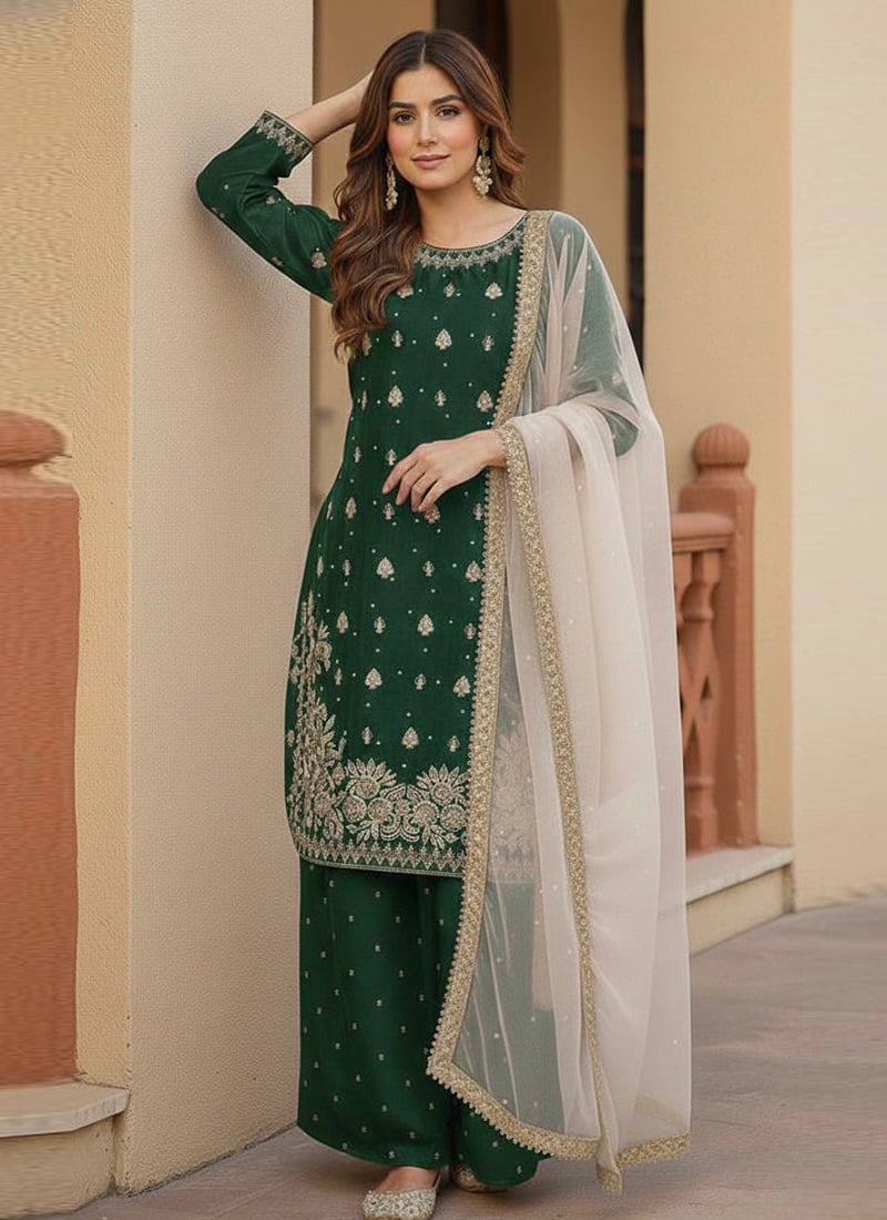 Elegant Green Art Silk Embroidered Sequins Palazzo Suit After Six Wear