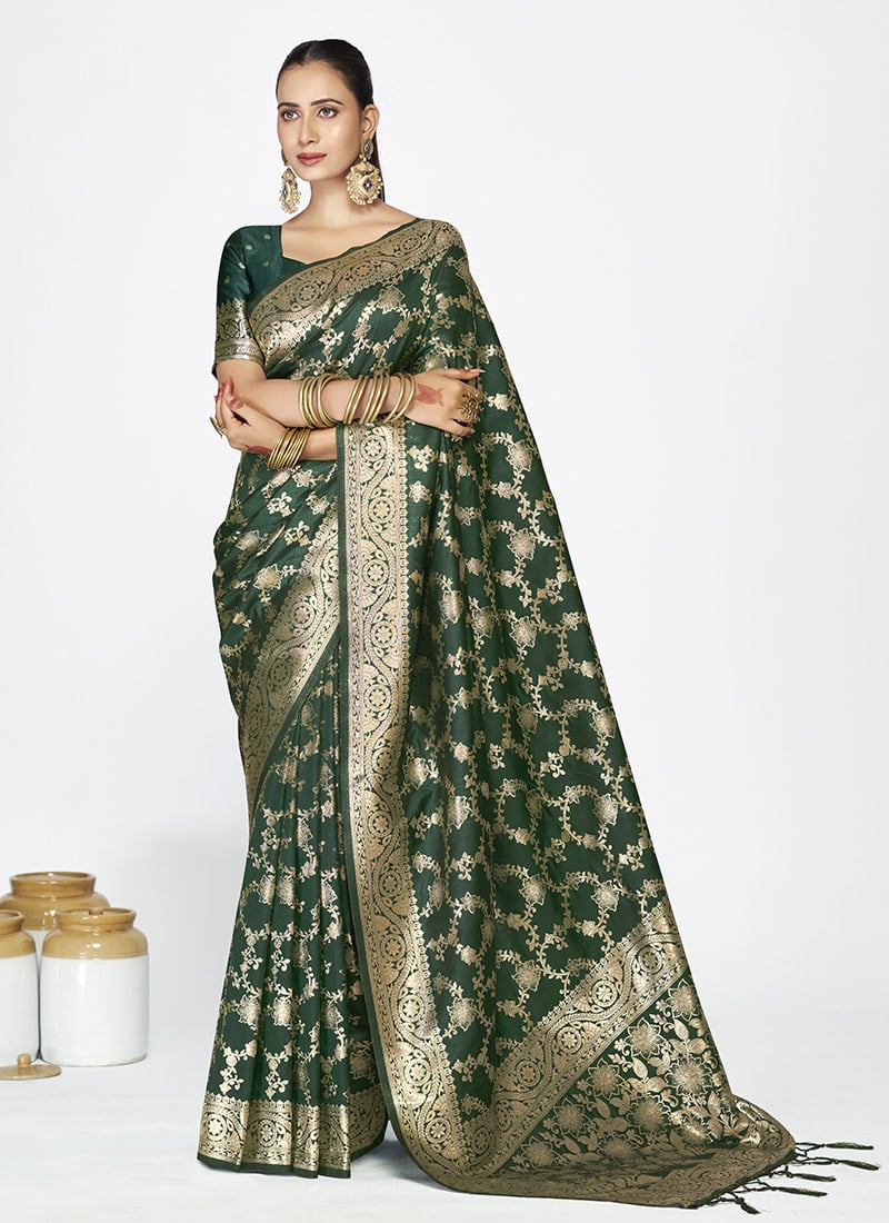 Elegant Green Banarasi Silk Zari Woven Saree Festive Wear