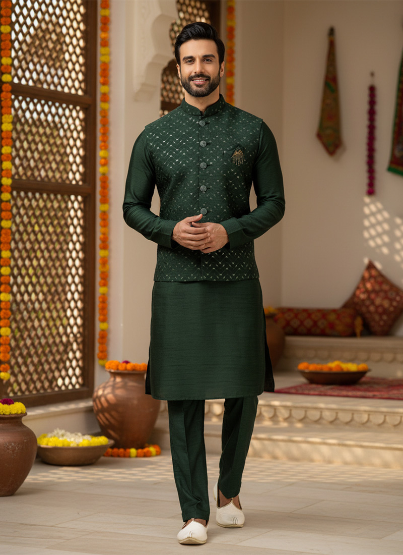 Elegant Green Banglory Silk Embroidered Sequins Bandi Set Festive Wear