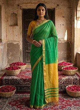 Elegant Green Blended Cotton Woven Saree