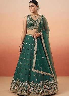 Elegant Green Chinnon Silk Embroidered Umbrella Lehenga
