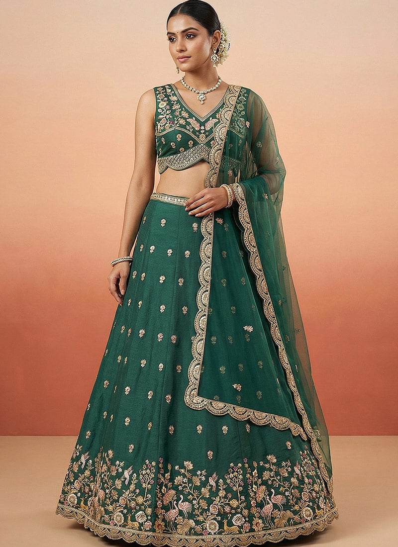 Elegant Green Chinnon Silk Embroidered Umbrella Lehenga Wedding Wear