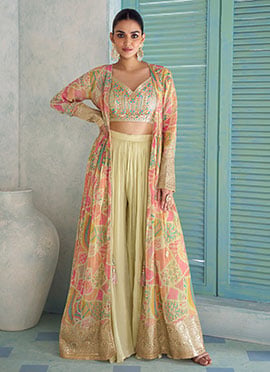 Elegant Green Chinon Embroidered Indowestern Set