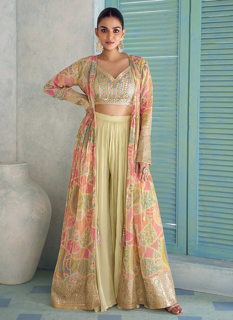 Elegant Green Chinon Embroidered Indowestern Set After Six Wear