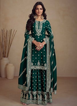 Elegant Green Chinon Palazzo Suit With Dazzling Sequins Embroidery