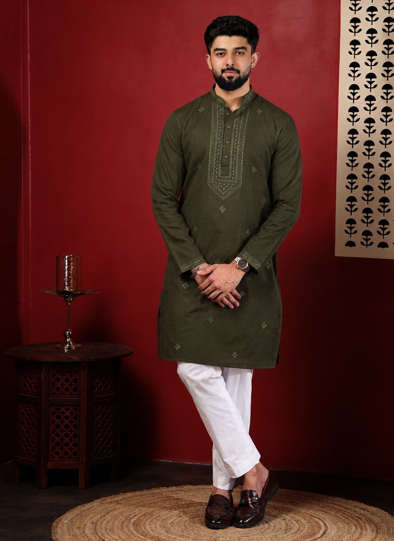 Elegant Green Cotton Embroidered Kurta Pyjama Festive Wear