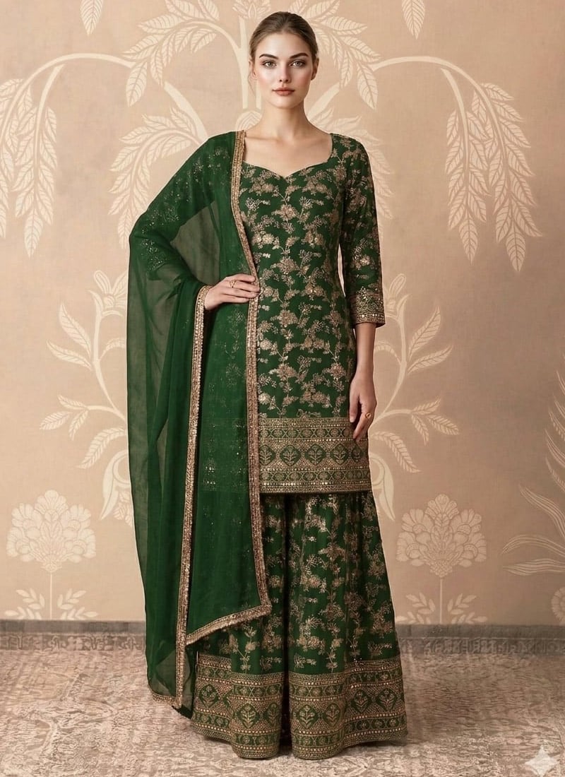 Elegant Green Dola Silk Jacquard Sequins Sharara Suit Festive Wear