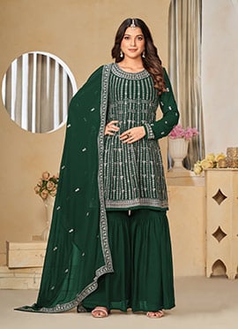 Elegant Green Faux Georgette Embroidered Sequins Sharara Suit